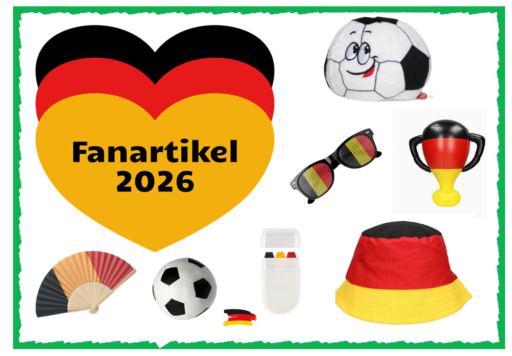 Foto zeigt Auswahl an Fanartikel für die Fußball-WM 2026 in den USA, Kanada und Mexiko