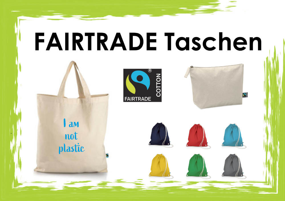 Abbildung zeigt eine Collage von Fairtrade Tachen in verschienen Farben und mit Zertifikat